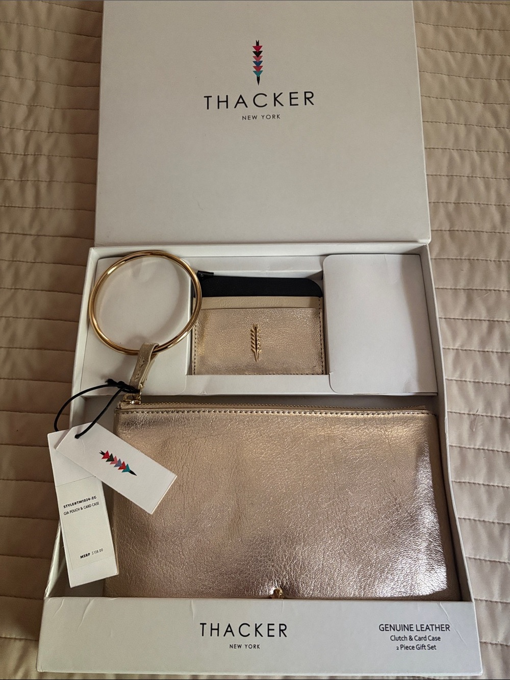 Thacker New York Metallic Rose Gold Leather Clutch & Card Case Set